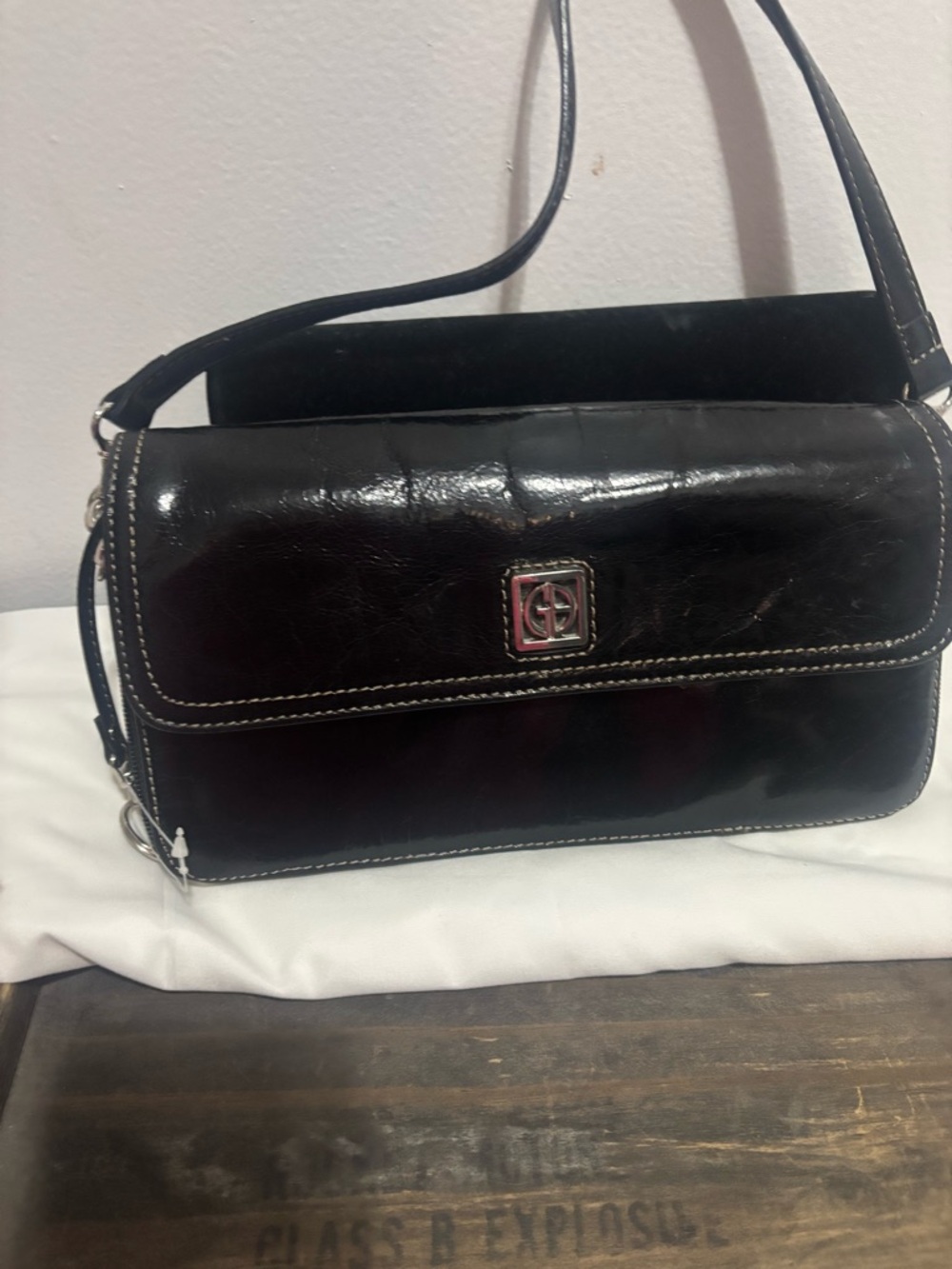 Black Leather Shoulder Bag with White Topstitching